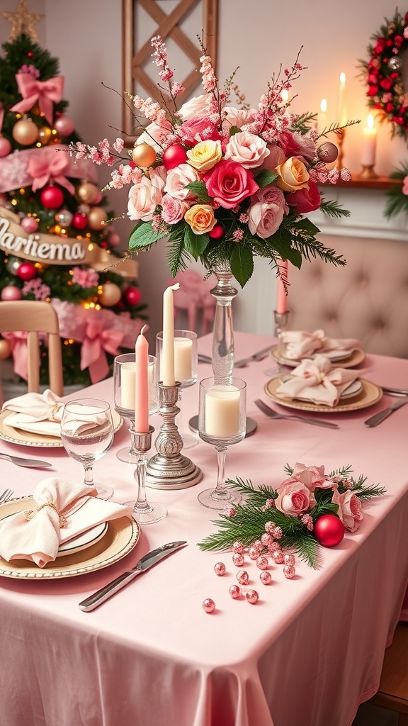 Elegant pink Christmas table setting with flowers, ornaments, and candles.